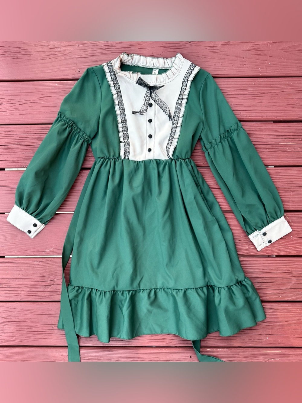 Green Long Sleeve Ruffled Bib Dress with Contrast Trim